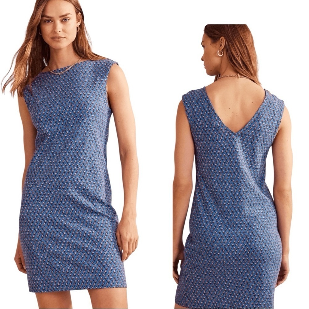 Boden Womens Shift Dress 14L Sleeveless Jersey Floral Cotton V‎ Back Blue